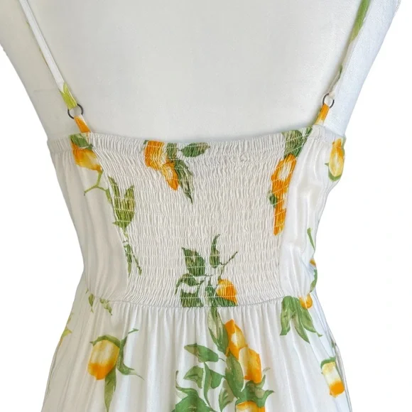 White Lemon Print Tie Front Noodle Strap A-line Mini Dress - Picture 6 of 16